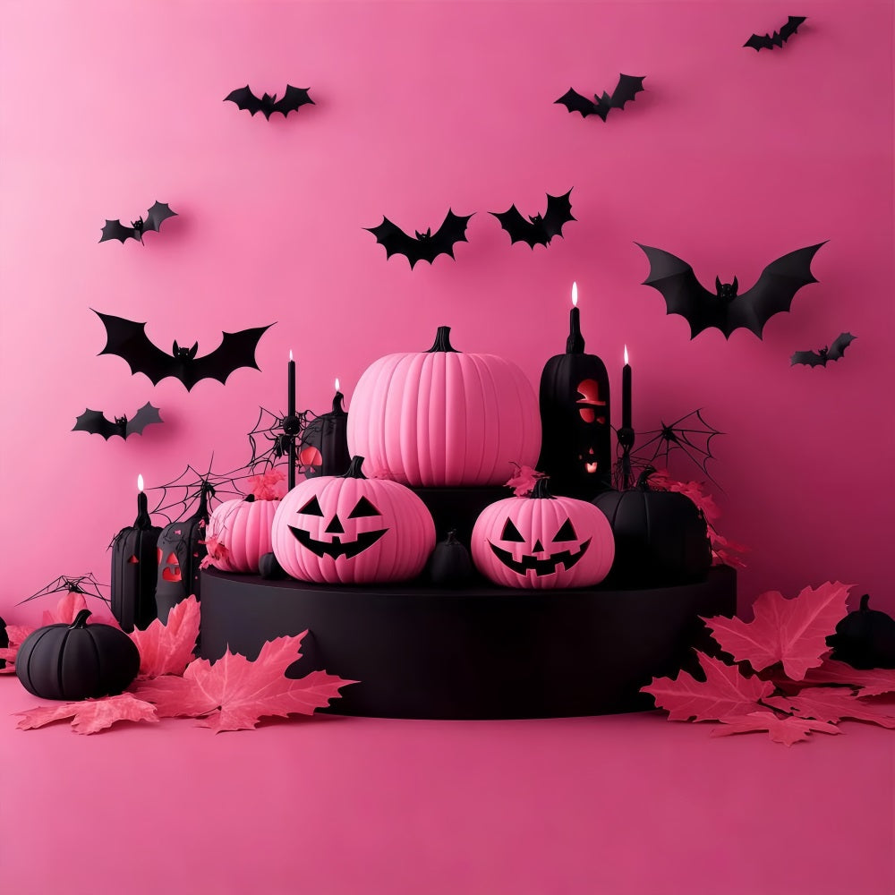 Fond Photo Halloween Citrouilles Roses Et Noires Avec Chauves-Souris Volantes TWW58-22