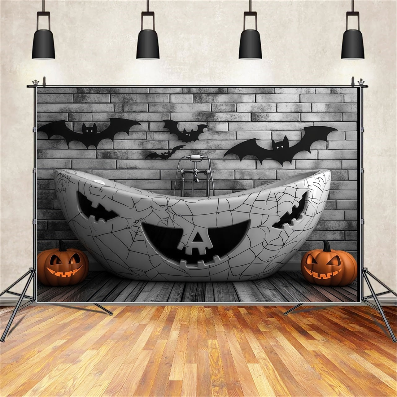 Toile De Fond Halloween Baignoire Hantée Avec Citrouilles Sculptées Et Chauves-Souris TWW58-23