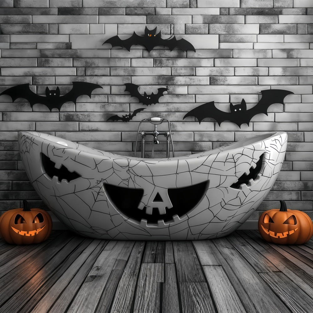 Toile De Fond Halloween Baignoire Hantée Avec Citrouilles Sculptées Et Chauves-Souris TWW58-23