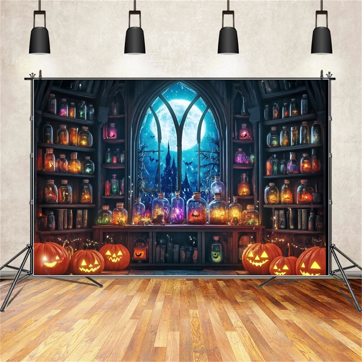 Toile Halloween Mur Salle De Potions Au Clair De Lune Avec Citrouilles Et Bocaux TWW58-24