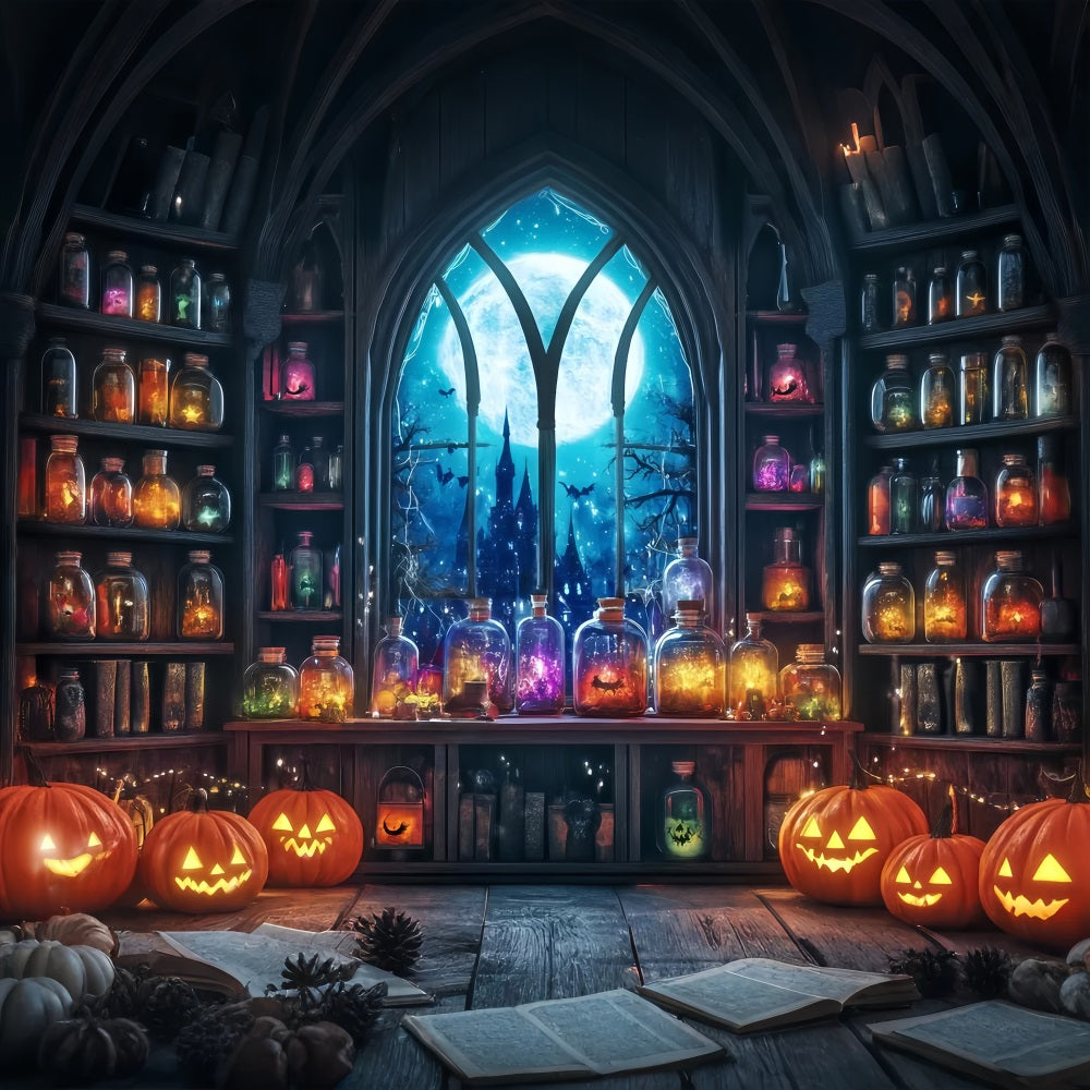Toile Halloween Mur Salle De Potions Au Clair De Lune Avec Citrouilles Et Bocaux TWW58-24