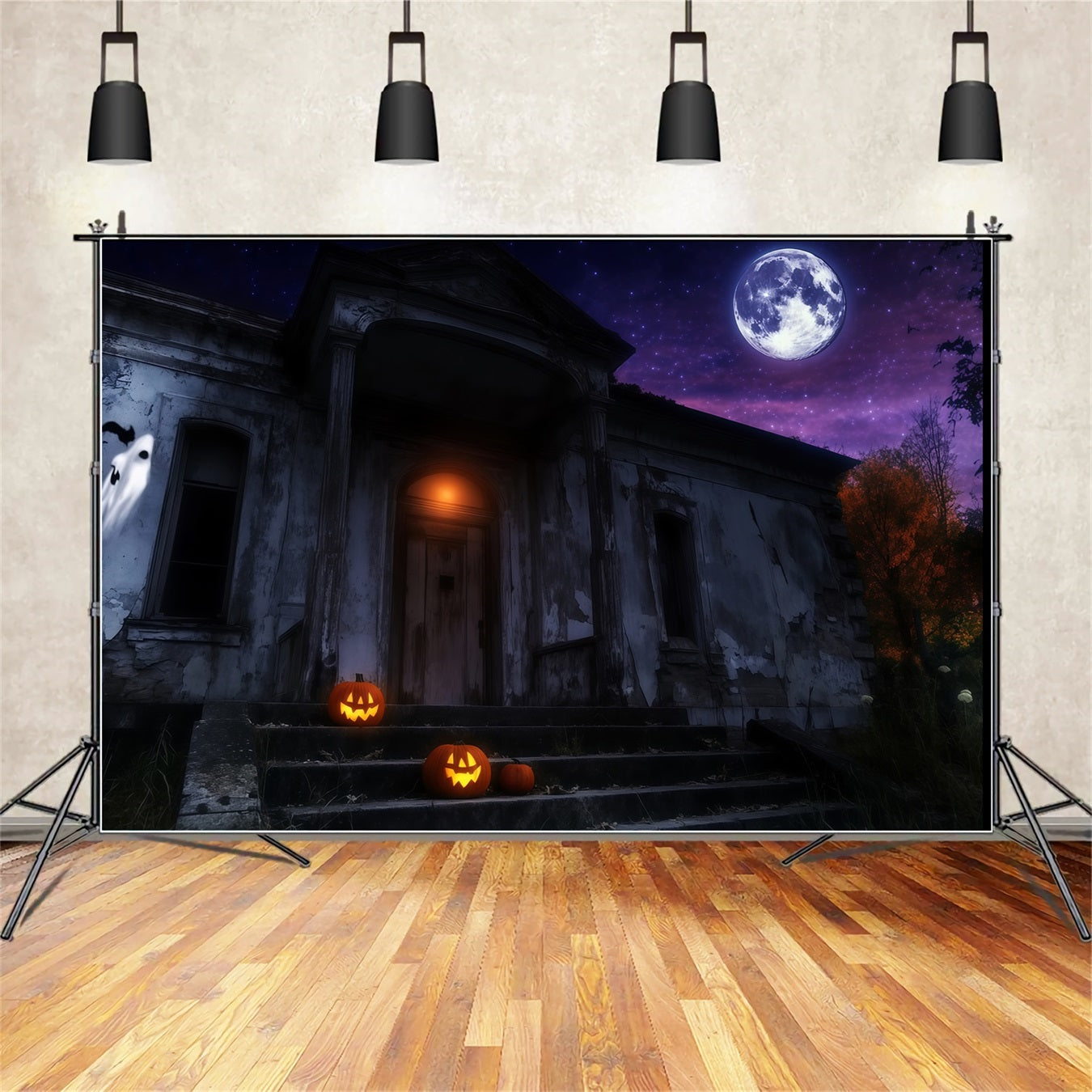 Fond Studio Halloween Manoir Hanté Avec Citrouilles Illuminées Sous La Lune TWW58-25