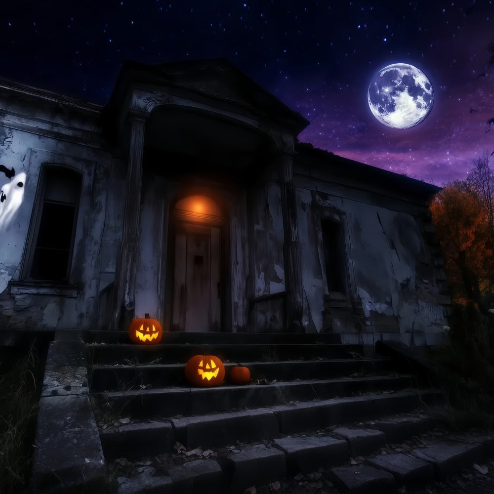 Fond Studio Halloween Manoir Hanté Avec Citrouilles Illuminées Sous La Lune TWW58-25