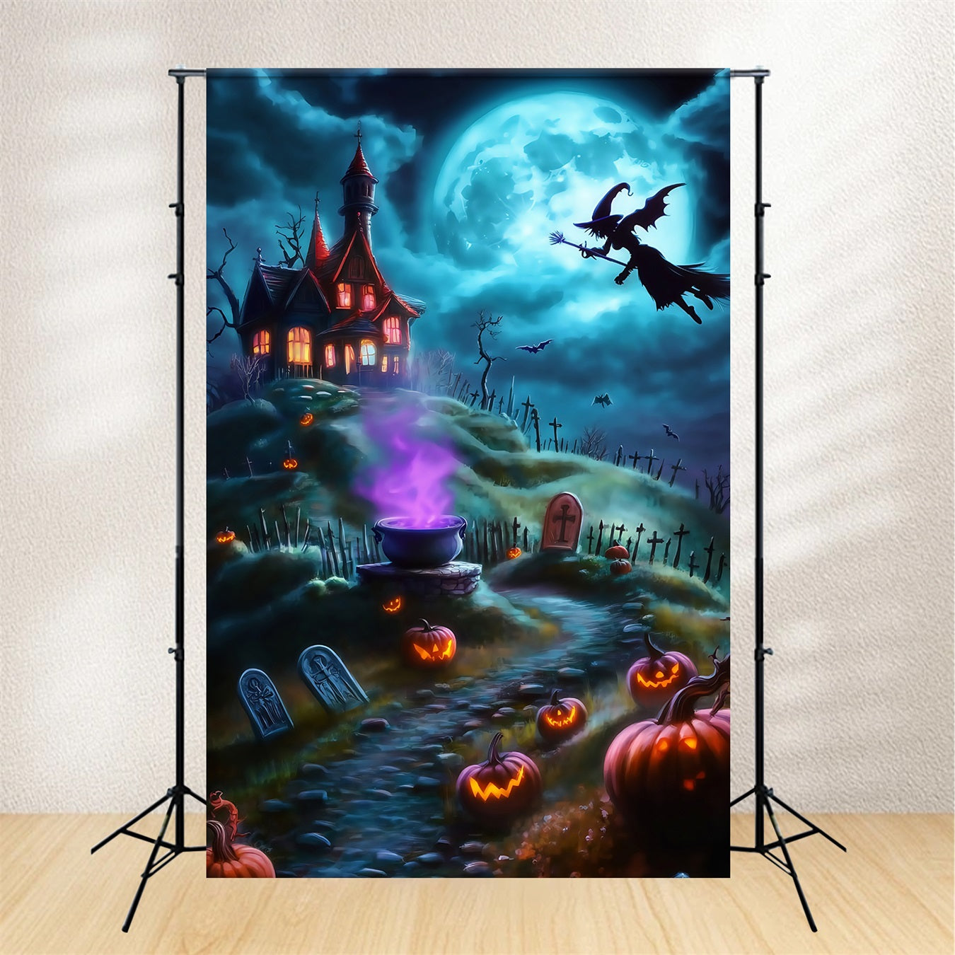 Toile De Fond Photo Halloween Sorcière Volant Au-Dessus Cimetière Effrayant Colline TWW58-26