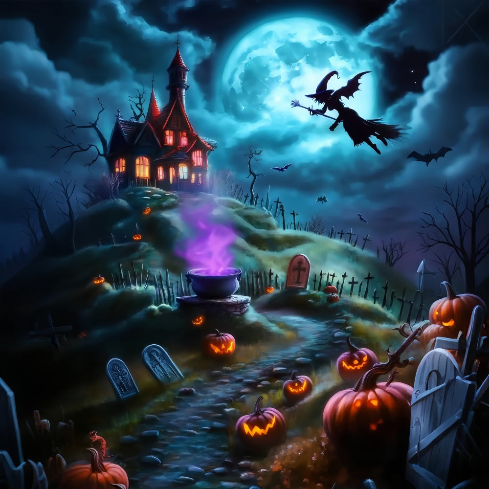 Toile De Fond Photo Halloween Sorcière Volant Au-Dessus Cimetière Effrayant Colline TWW58-26