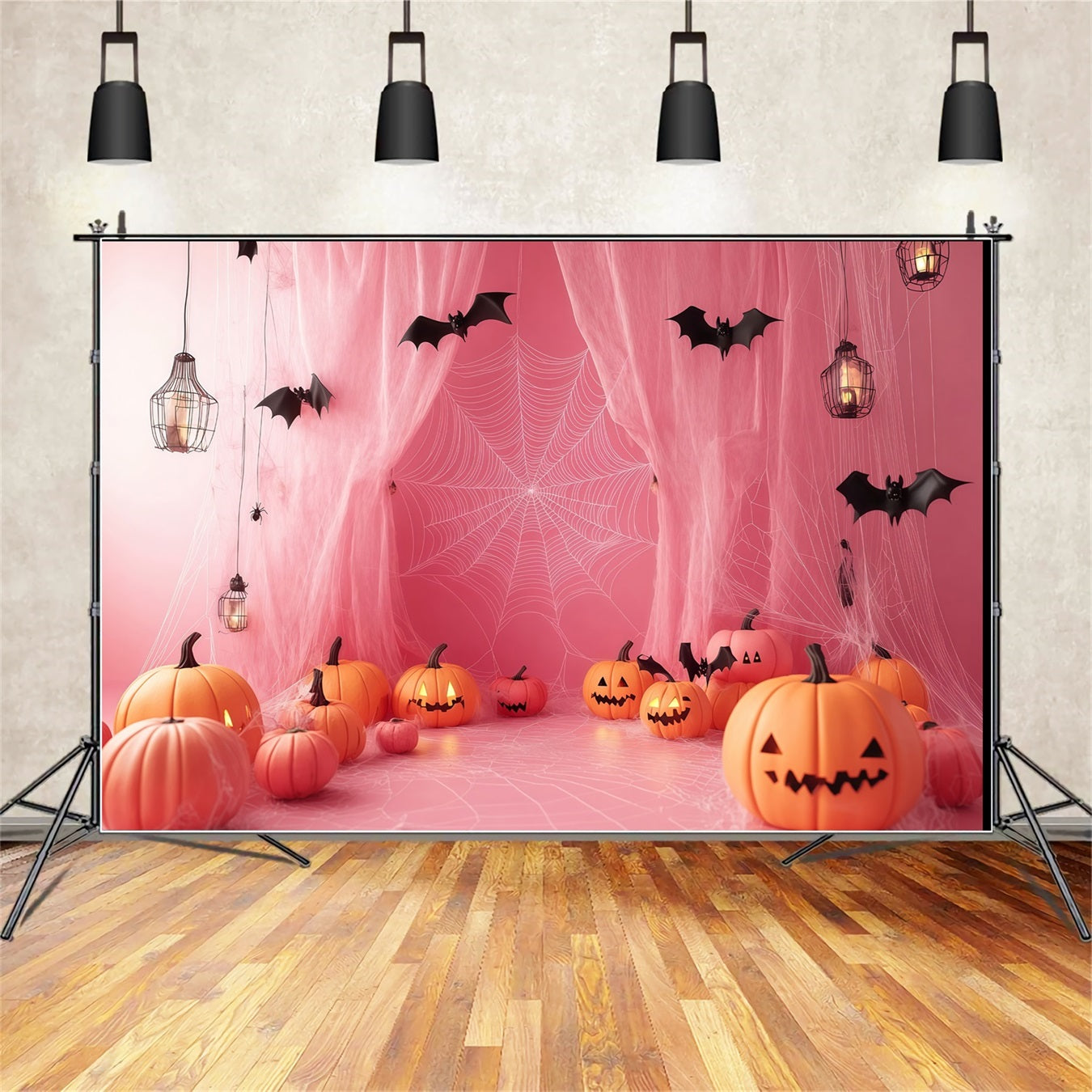 Fond De Photo Halloween Toiles D’Araignées Roses Avec Citrouilles Sculptées TWW58-27