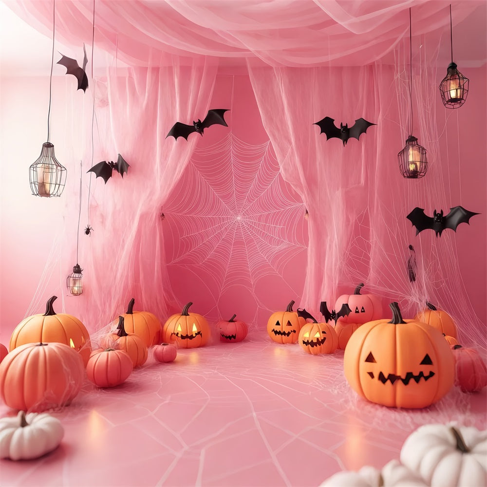 Fond De Photo Halloween Toiles D’Araignées Roses Avec Citrouilles Sculptées TWW58-27