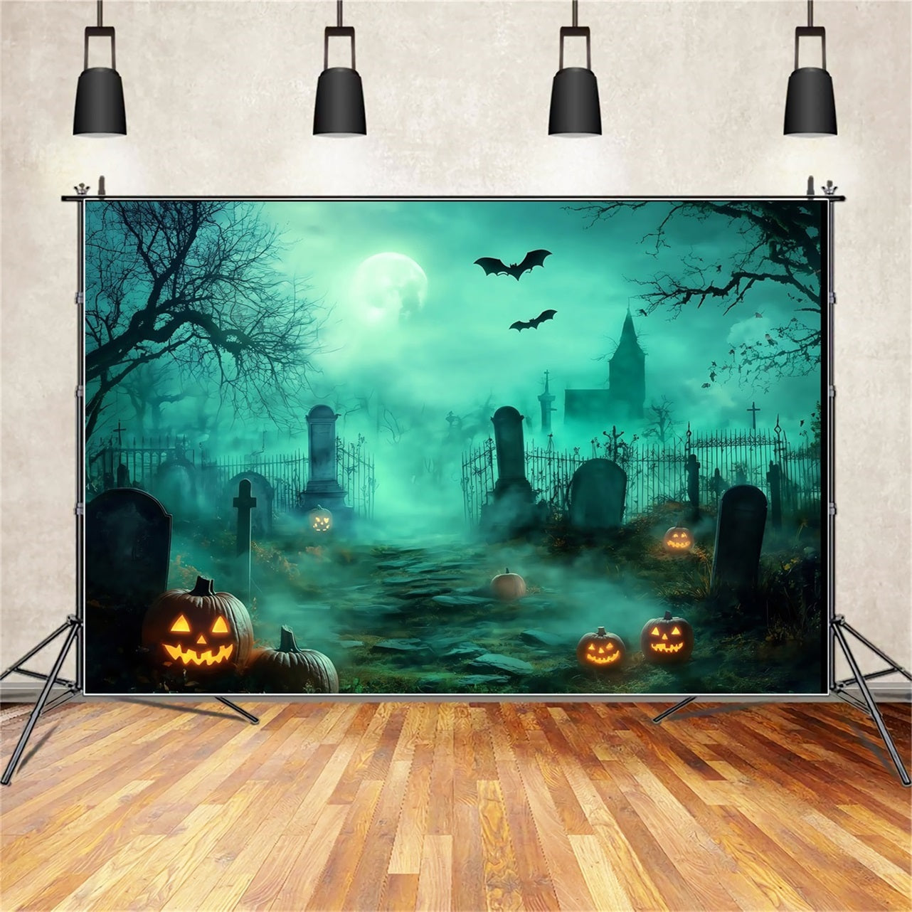 Toile De Fond Halloween Chemin Brumeux Cimetière Avec Citrouilles Lumineuses TWW58-30
