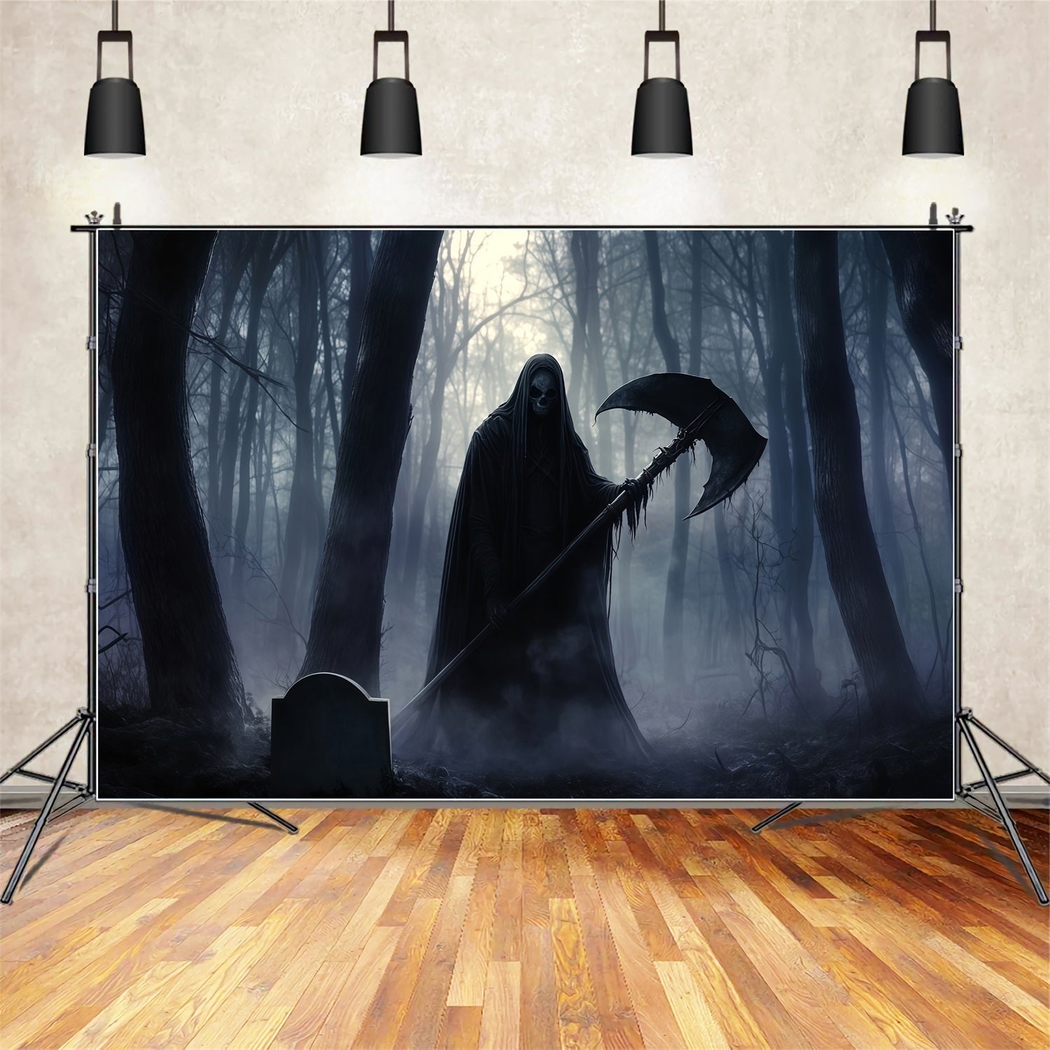 Toile Halloween Porte De Garage Faucheuse Tenant Faux Dans Forêt Sombre TWW58-31