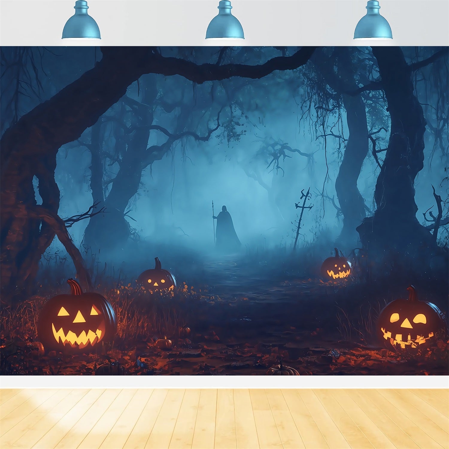 Fond Studio Halloween Cimetière Illuminé Citrouilles Forêt Hantée Figure Mystérieuse TWW58-32