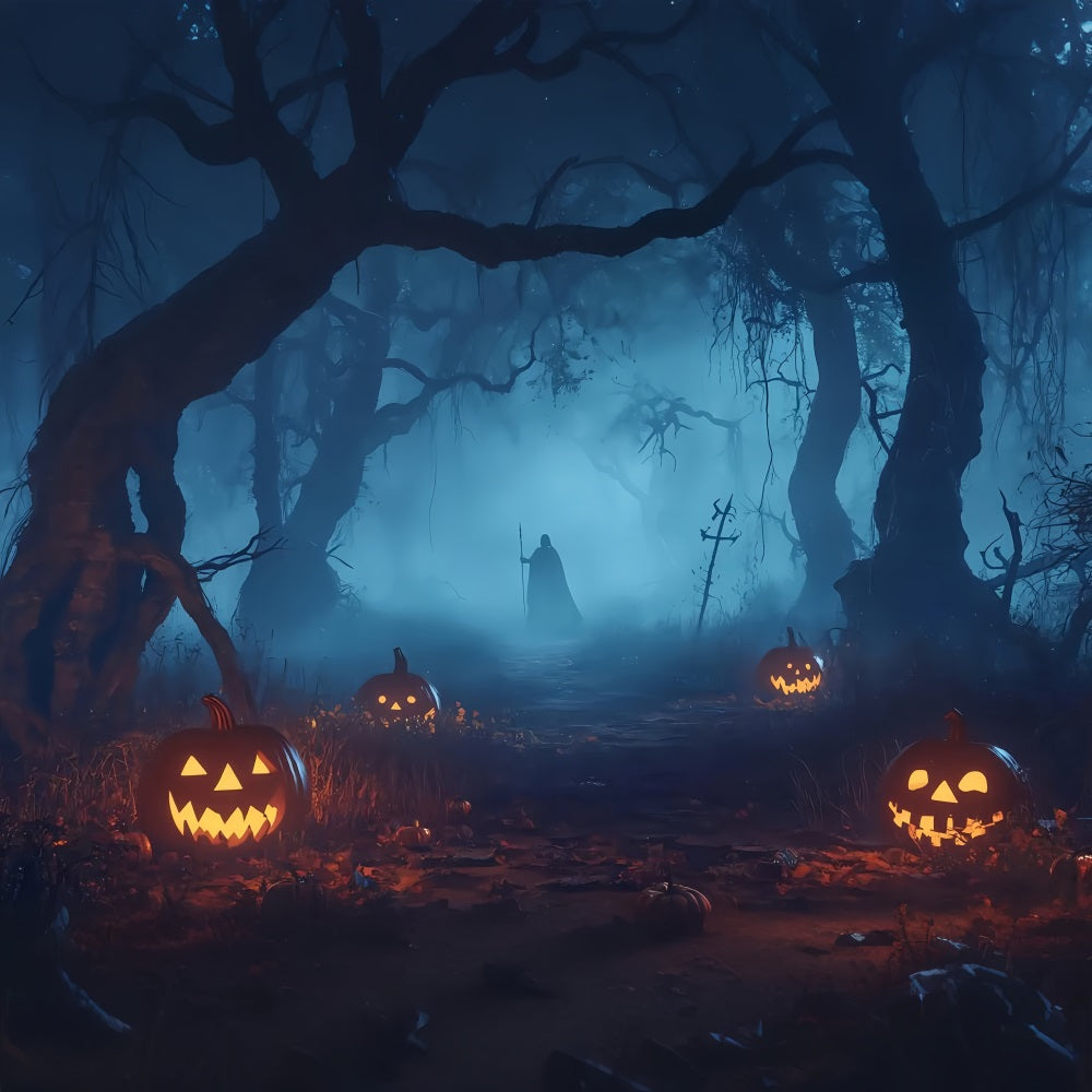 Fond Studio Halloween Cimetière Illuminé Citrouilles Forêt Hantée Figure Mystérieuse TWW58-32