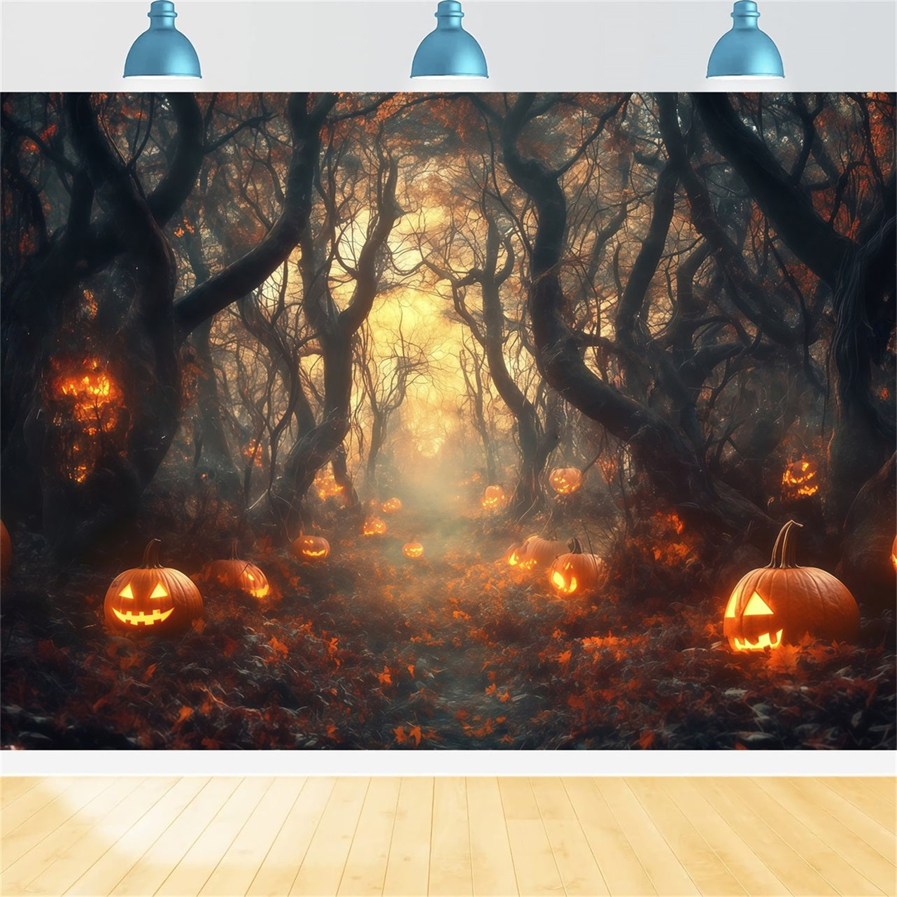Toile De Fond Photo Halloween Chemin Forêt Citrouilles Illuminées TWW58-33