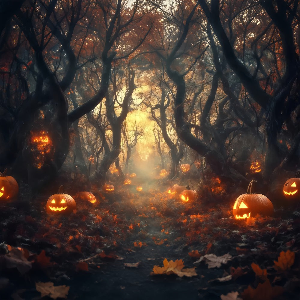 Toile De Fond Photo Halloween Chemin Forêt Citrouilles Illuminées TWW58-33