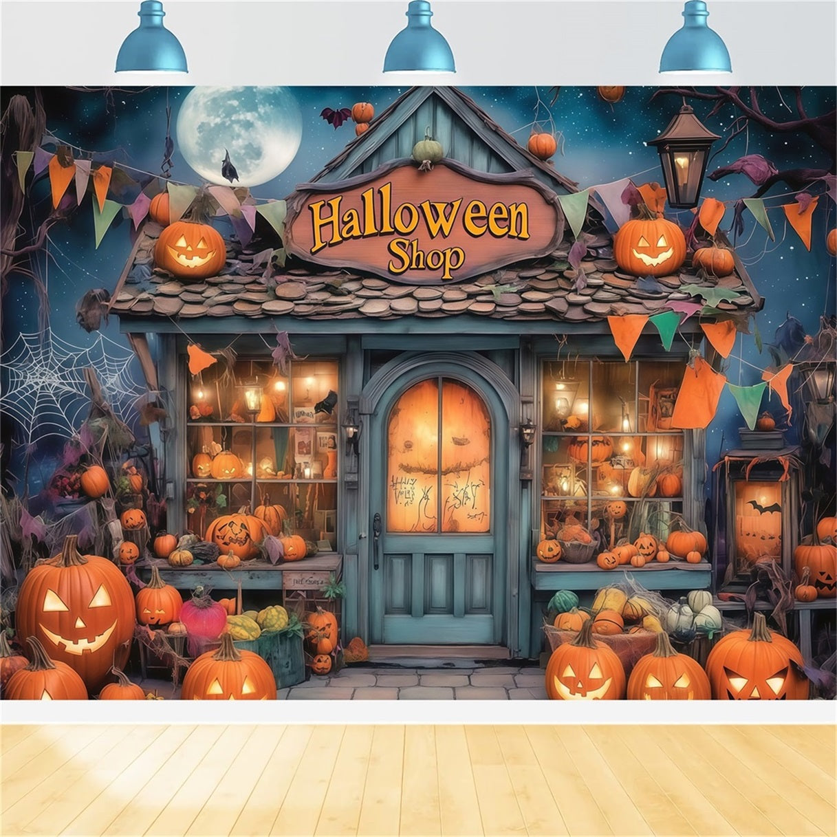 Fond De Photo Halloween Vitrine Boutique Hantée Remplie De Citrouilles TWW58-34