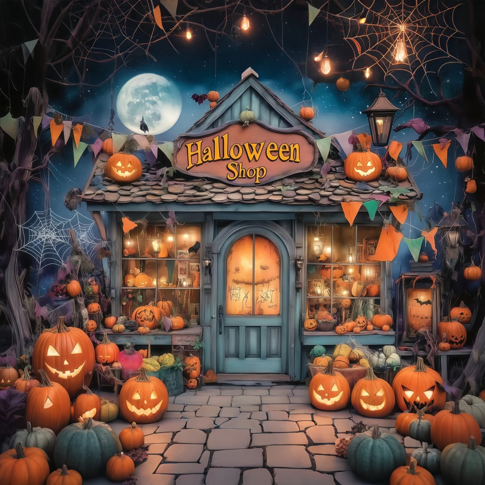 Fond De Photo Halloween Vitrine Boutique Hantée Remplie De Citrouilles TWW58-34