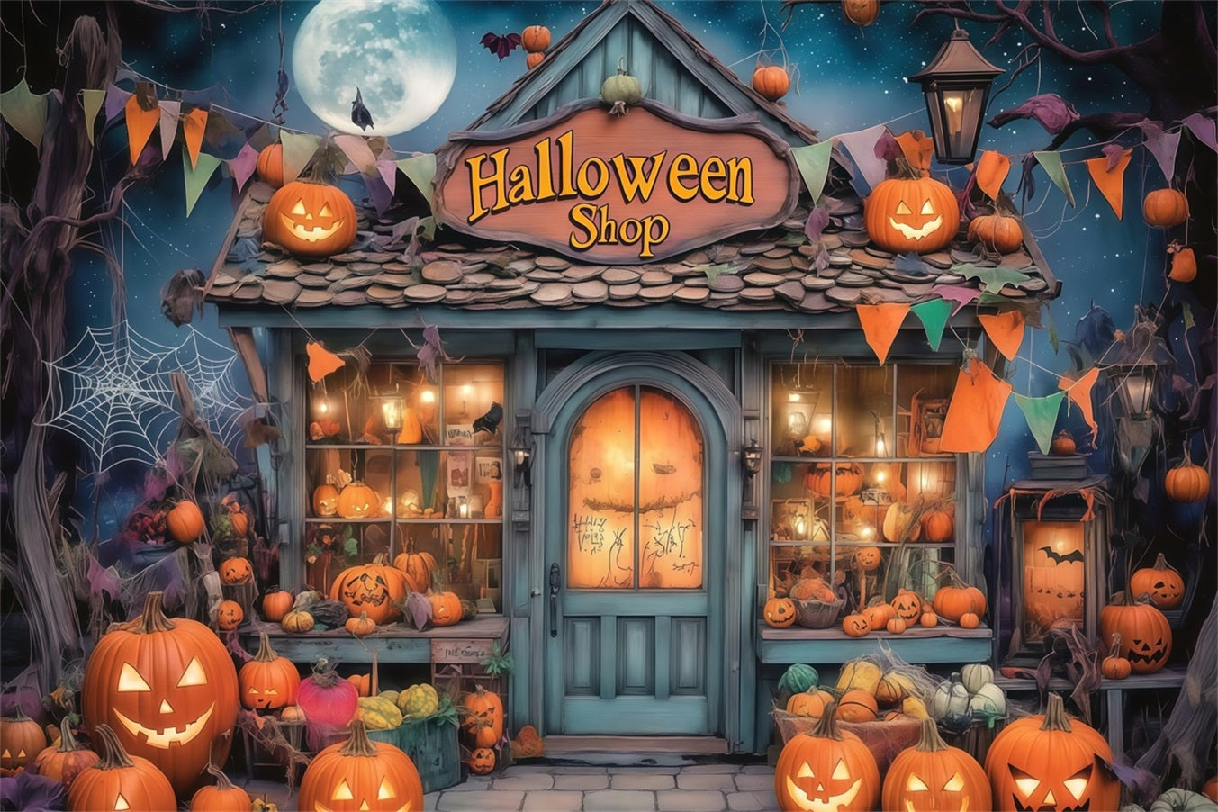 Fond De Photo Halloween Vitrine Boutique Hantée Remplie De Citrouilles TWW58-34