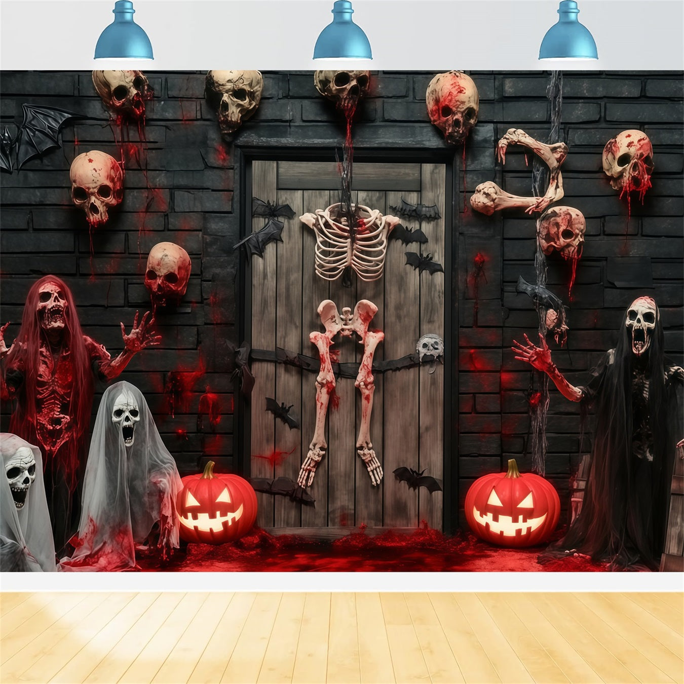 Toile Photo Halloween Porte De Garage Squelettes Sanglants Et Crânes Porte Hantée TWW58-35