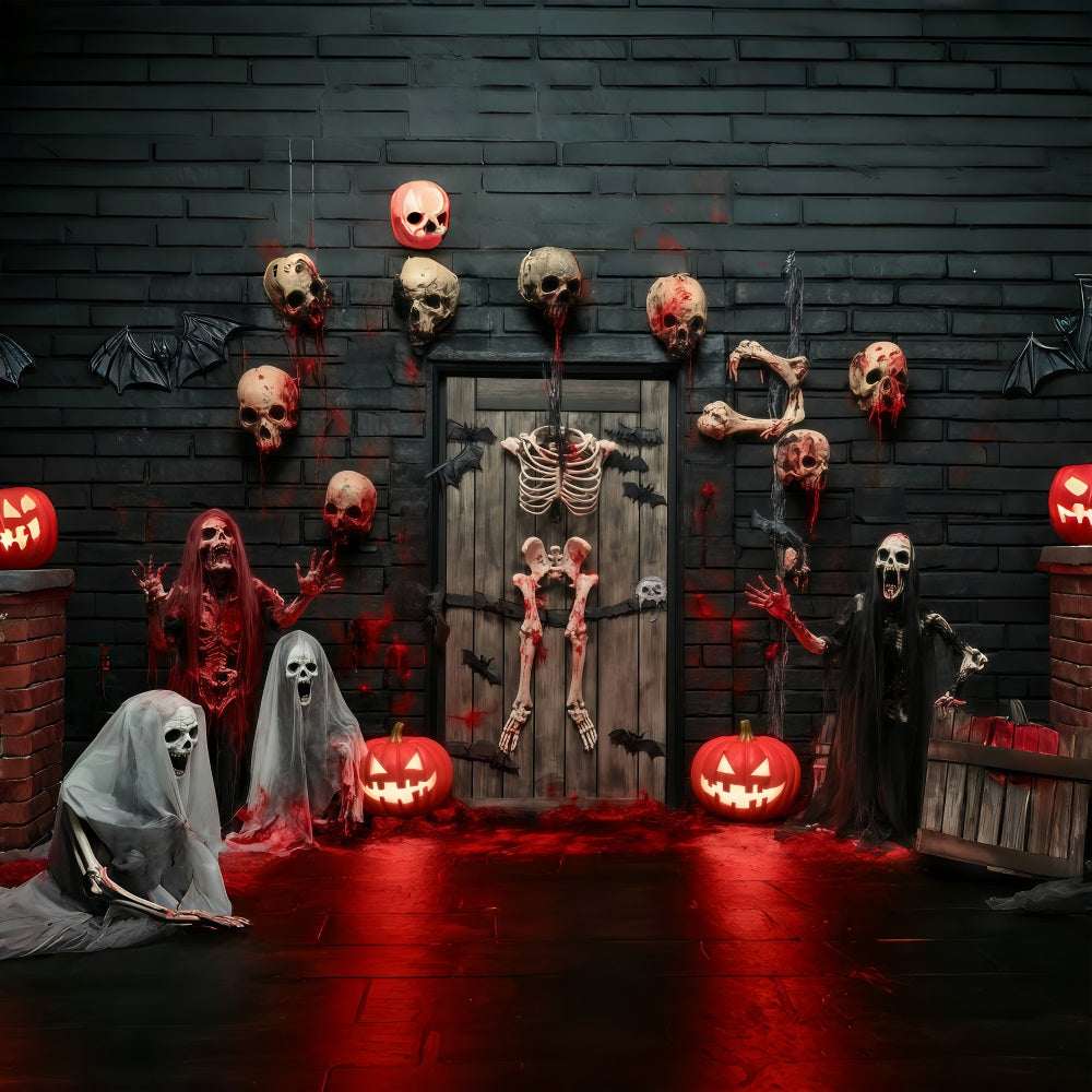 Toile Photo Halloween Porte De Garage Squelettes Sanglants Et Crânes Porte Hantée TWW58-35