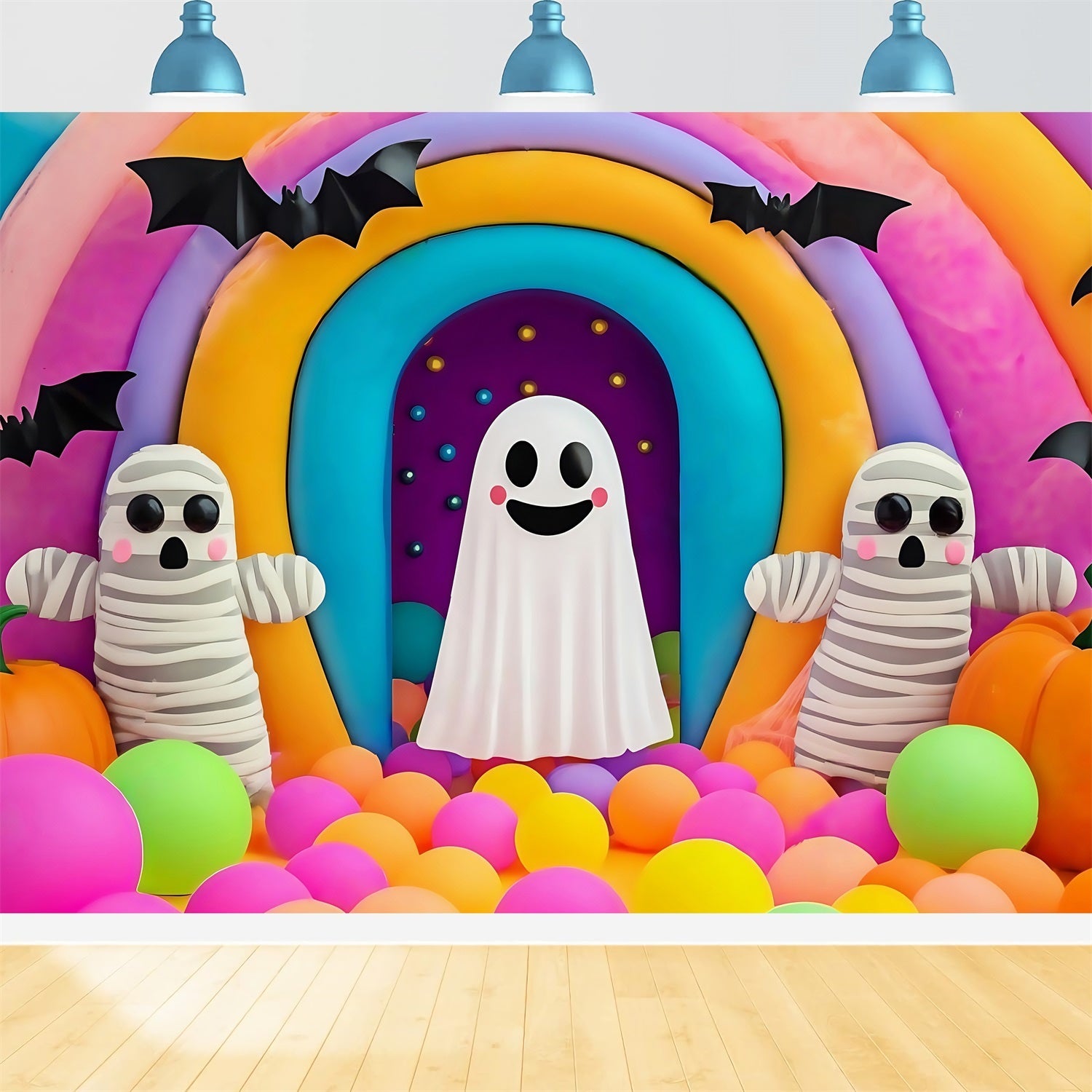 Fond Photo Halloween Mur Fantôme Arc-En-Ciel Et Momie Colorés Effrayants TWW58-36