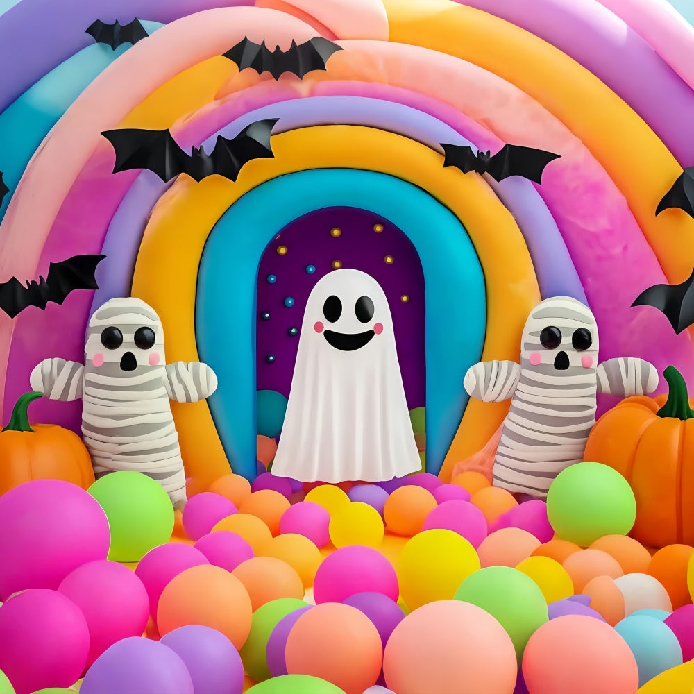 Fond Photo Halloween Mur Fantôme Arc-En-Ciel Et Momie Colorés Effrayants TWW58-36