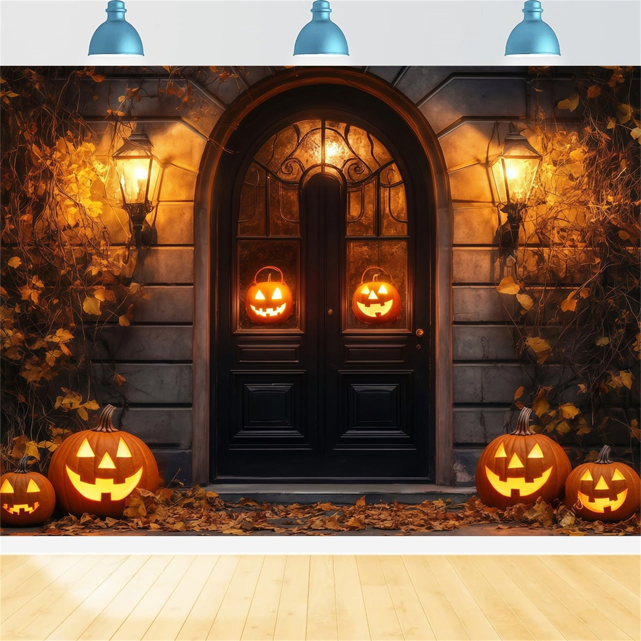Toile De Fond Halloween Porte De Garage Citrouilles Illuminées Entrée Rustique Effrayante TWW58-37