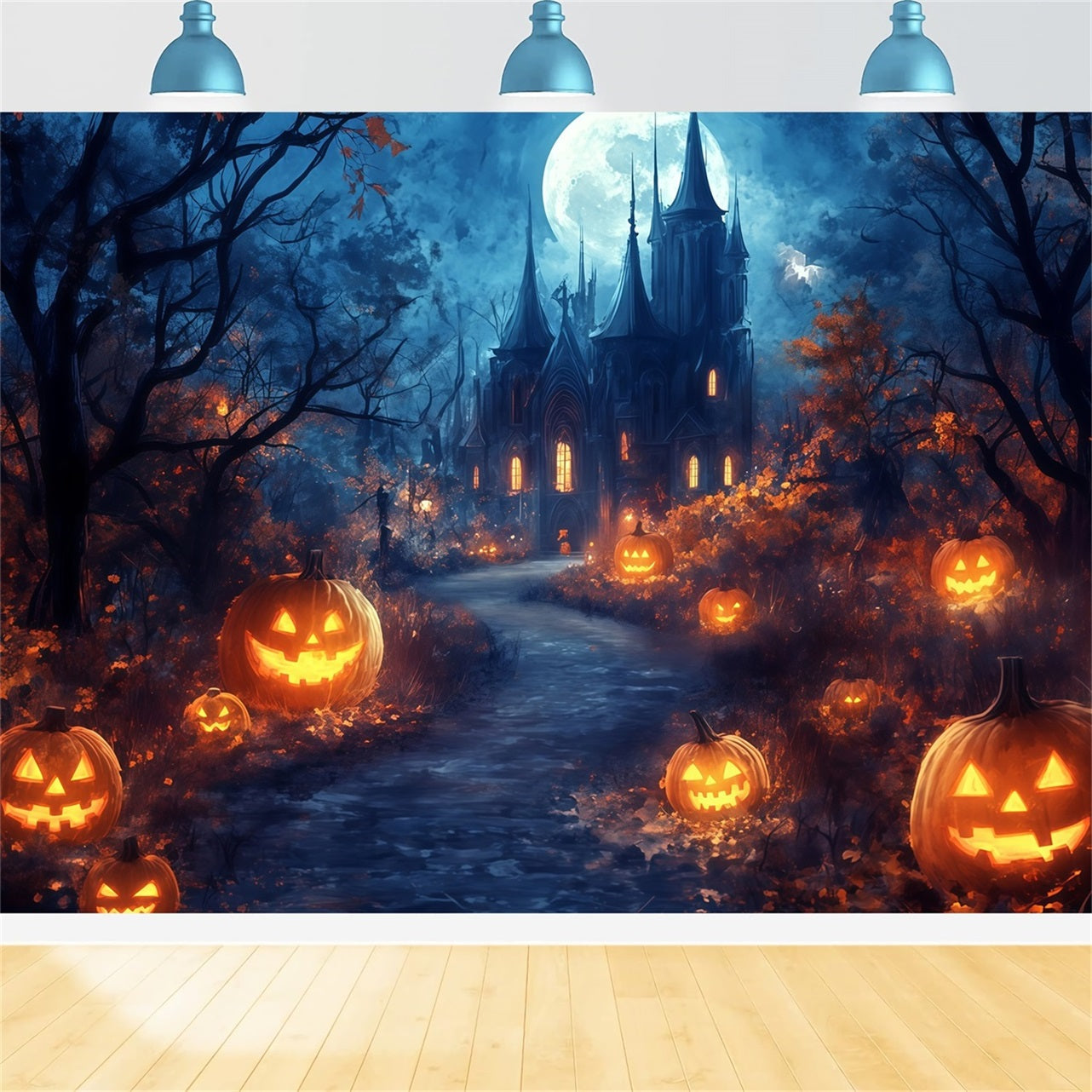 Fond Studio Halloween Chemin Au Clair De Lune Vers Château De Citrouilles Hanté TWW58-39