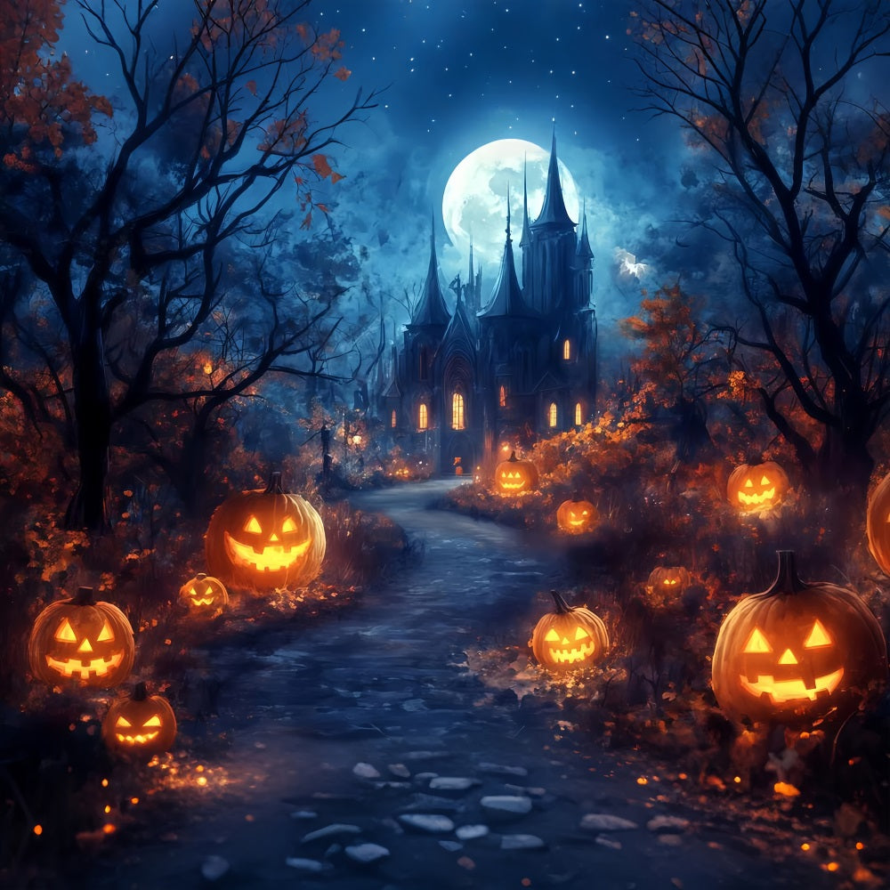 Fond Studio Halloween Chemin Au Clair De Lune Vers Château De Citrouilles Hanté TWW58-39