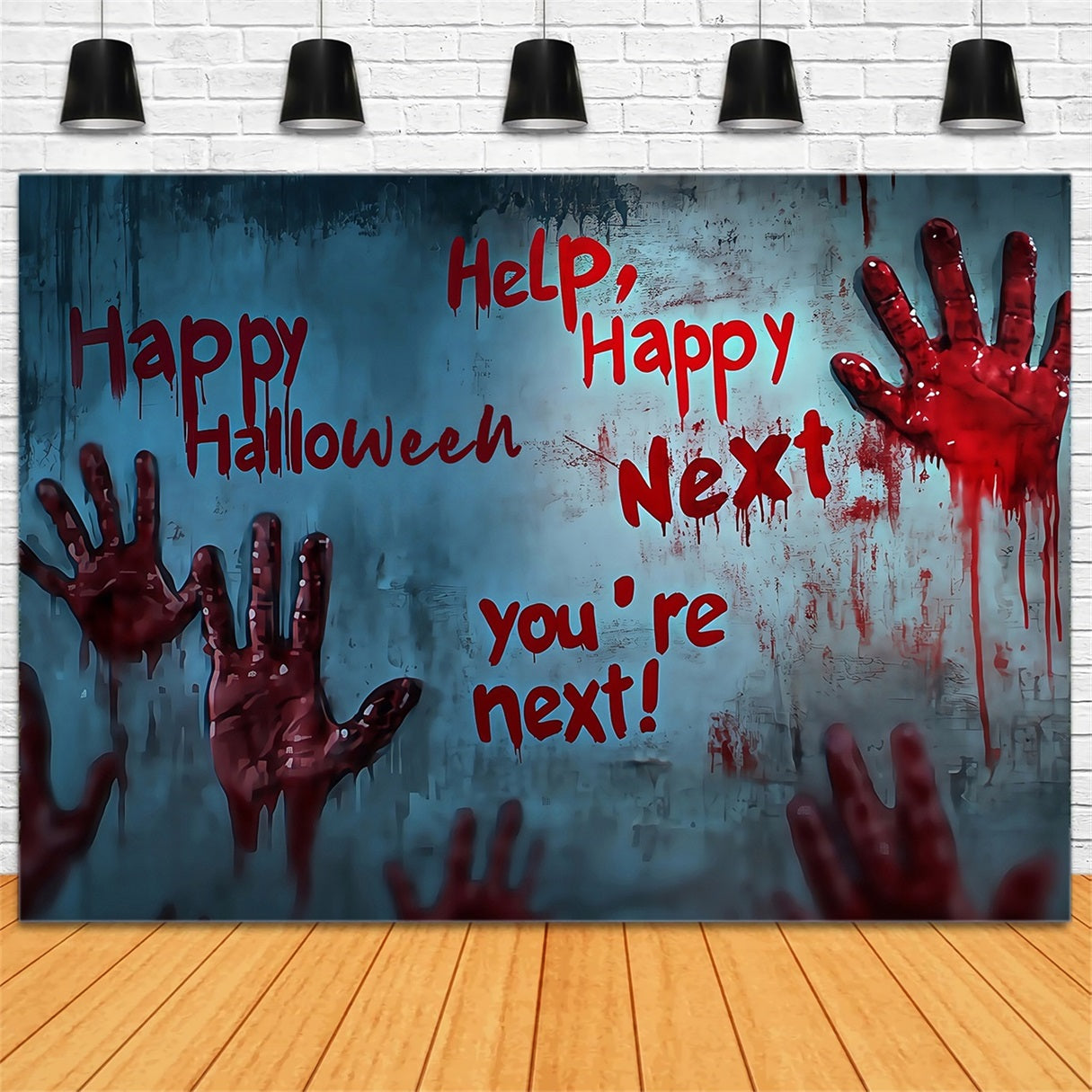 Fond Studio Halloween Porte De Garage Empreintes De Mains Sanglantes Et Avertissements Effrayants TWW58-4