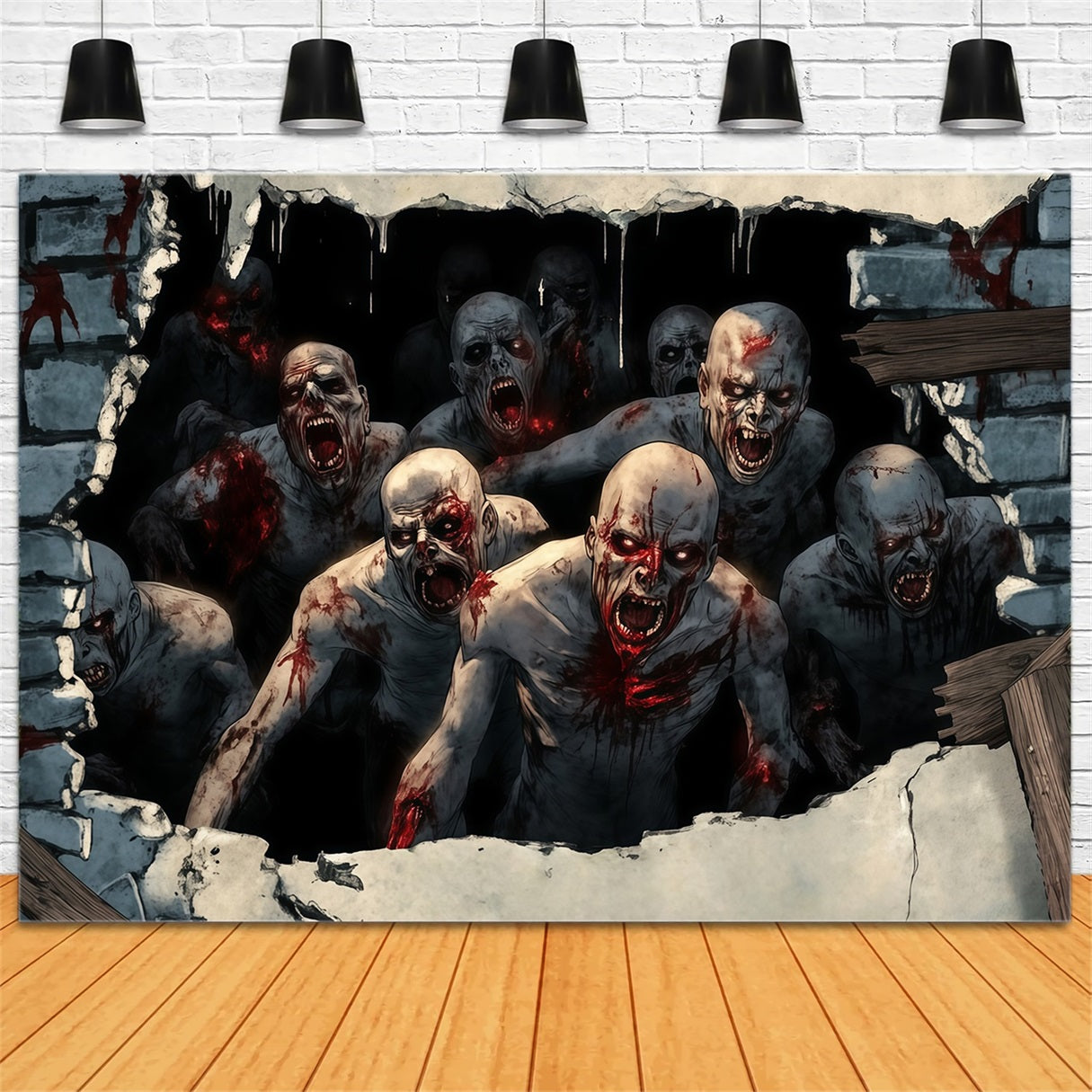 Toile De Fond Photo Halloween Porte De Garage Zombies Assoiffés De Sang Brisant Le Mur TWW58-40