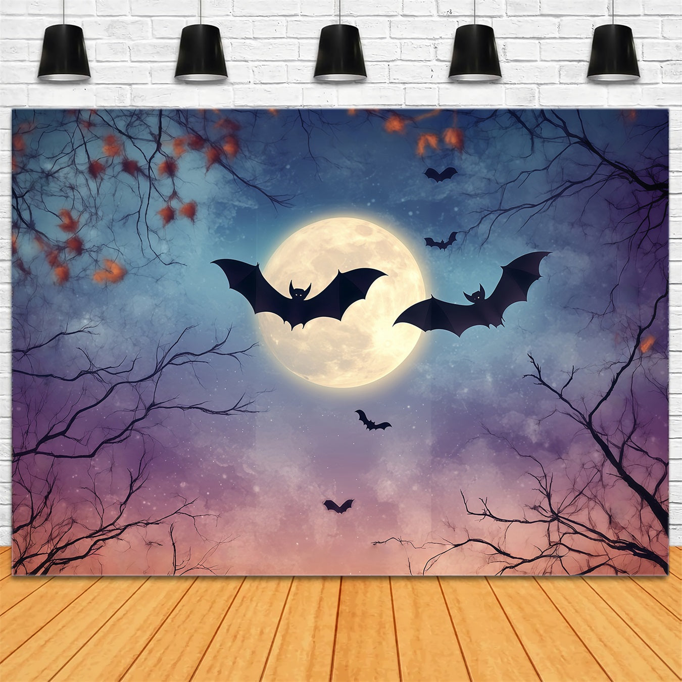 Fond De Photo Halloween Pleine Lune Chauves-Souris Et Branches D’Automne TWW58-41