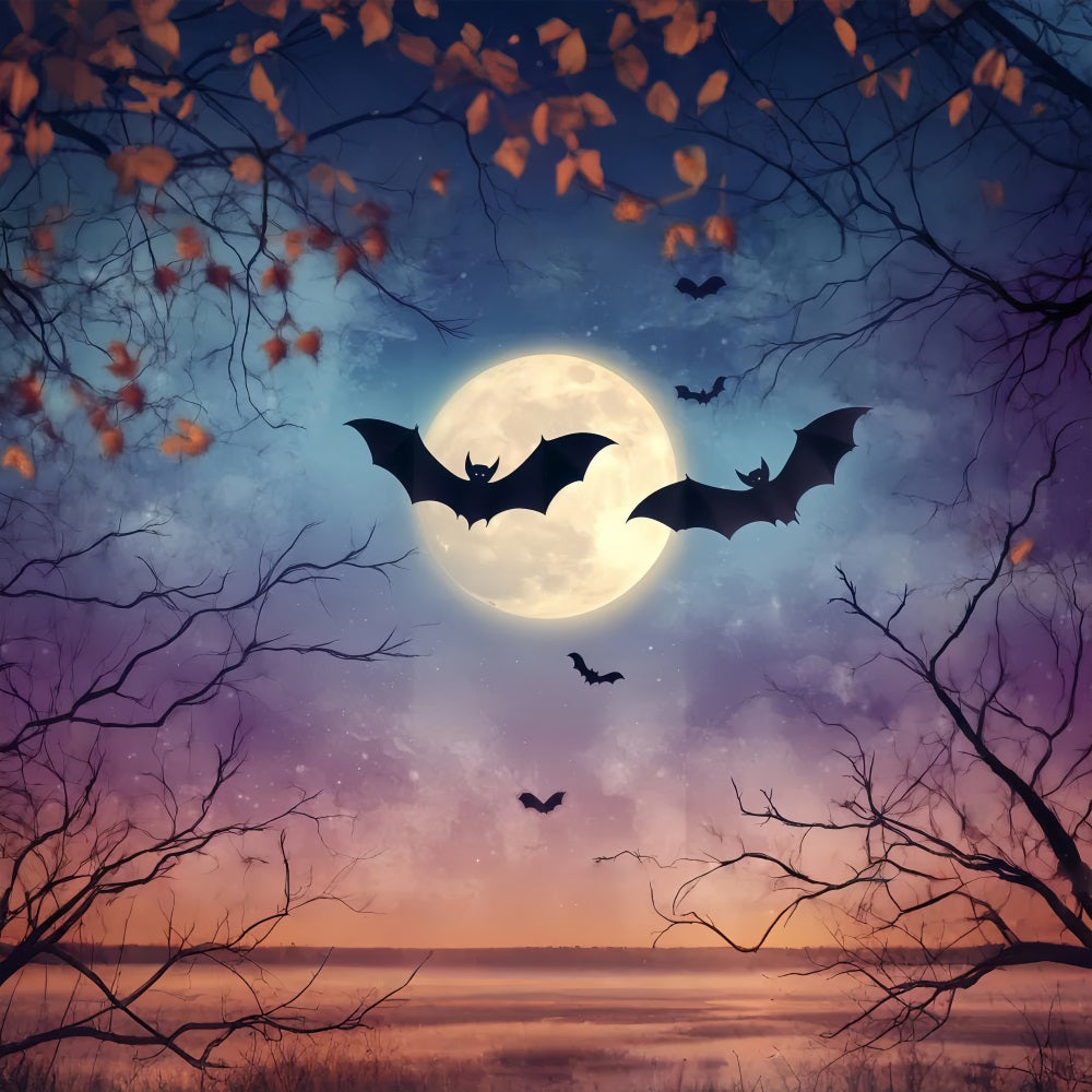 Fond De Photo Halloween Pleine Lune Chauves-Souris Et Branches D’Automne TWW58-41
