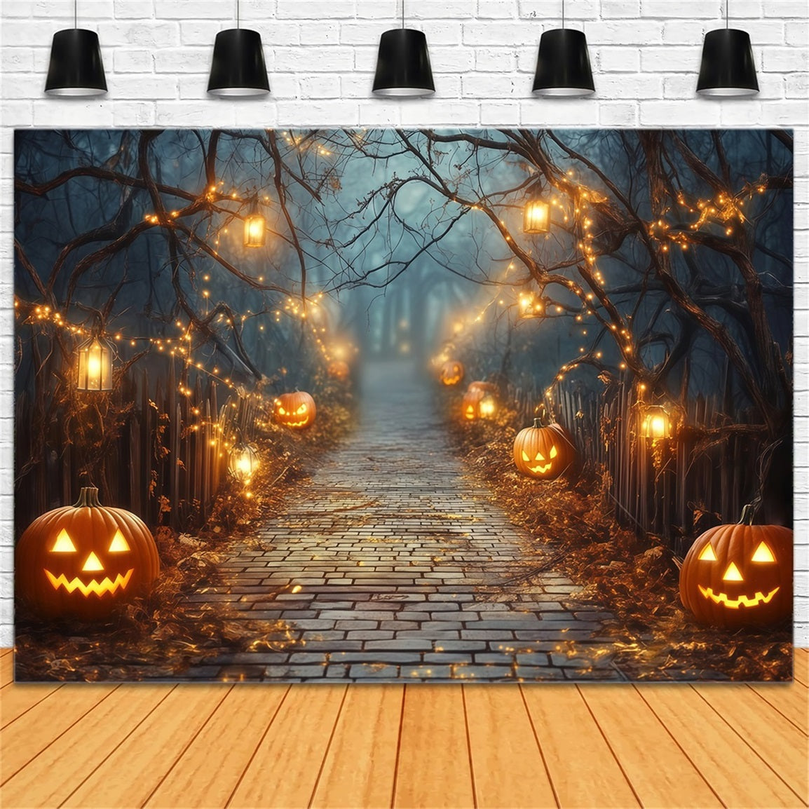Toile Photo Halloween Allée Citrouilles Illuminées Avec Lanternes TWW58-42