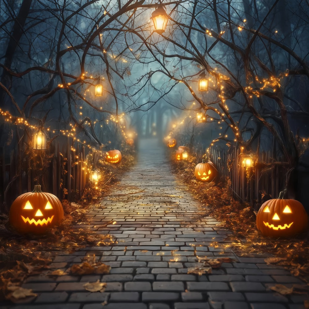 Toile Photo Halloween Allée Citrouilles Illuminées Avec Lanternes TWW58-42