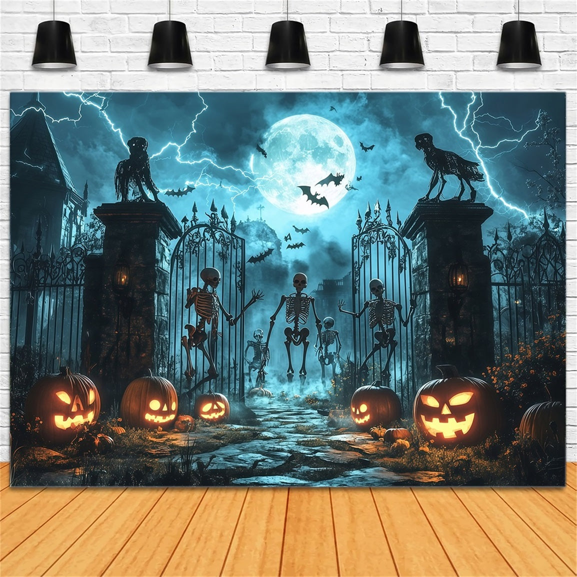 Fond Photo Halloween Squelettes Et Citrouilles Aux Portes Hantées TWW58-43