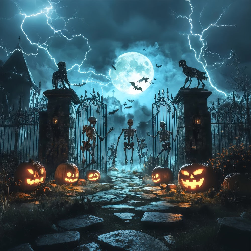 Fond Photo Halloween Squelettes Et Citrouilles Aux Portes Hantées TWW58-43