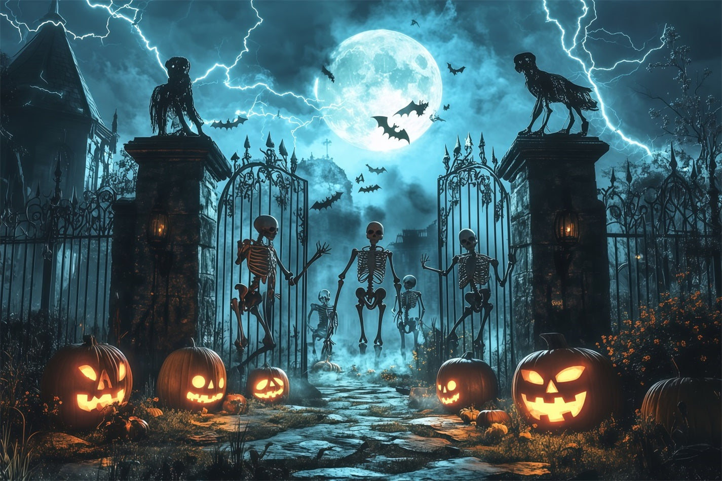 Fond Photo Halloween Squelettes Et Citrouilles Aux Portes Hantées TWW58-43