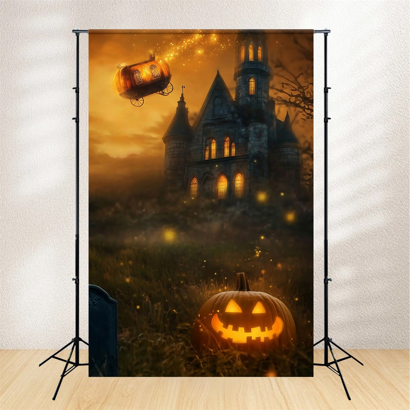 Toile De Fond Halloween Cimetière Carrosse Citrouille Volant Au-Dessus Château Effrayant TWW58-44