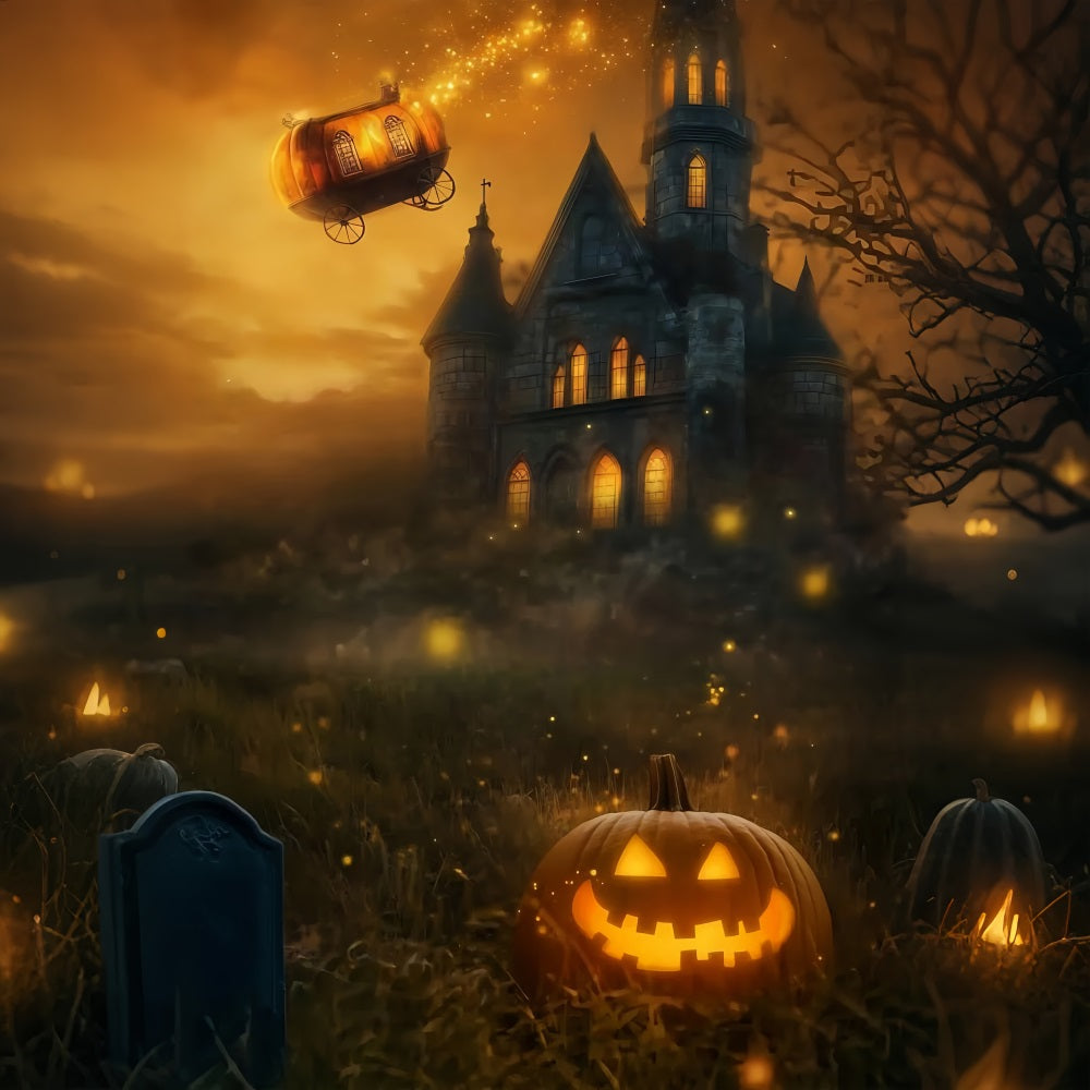 Toile De Fond Halloween Cimetière Carrosse Citrouille Volant Au-Dessus Château Effrayant TWW58-44