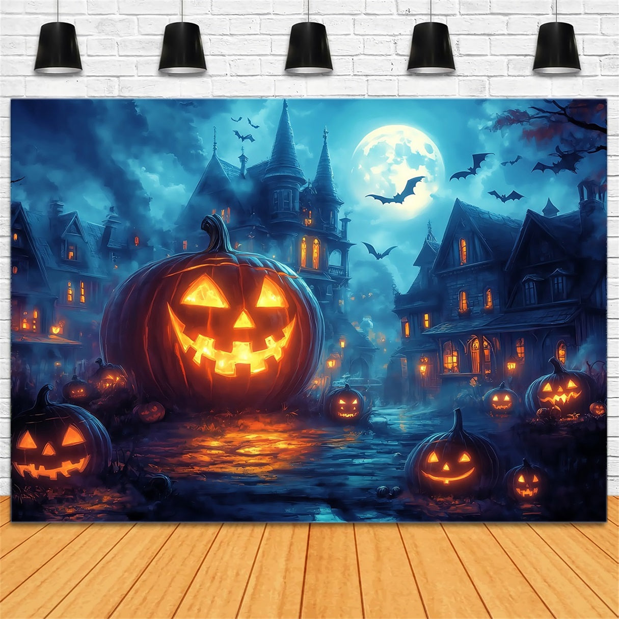 Toile Halloween Cimetière Rue Illuminée Citrouilles Sous Pleine Lune TWW58-45