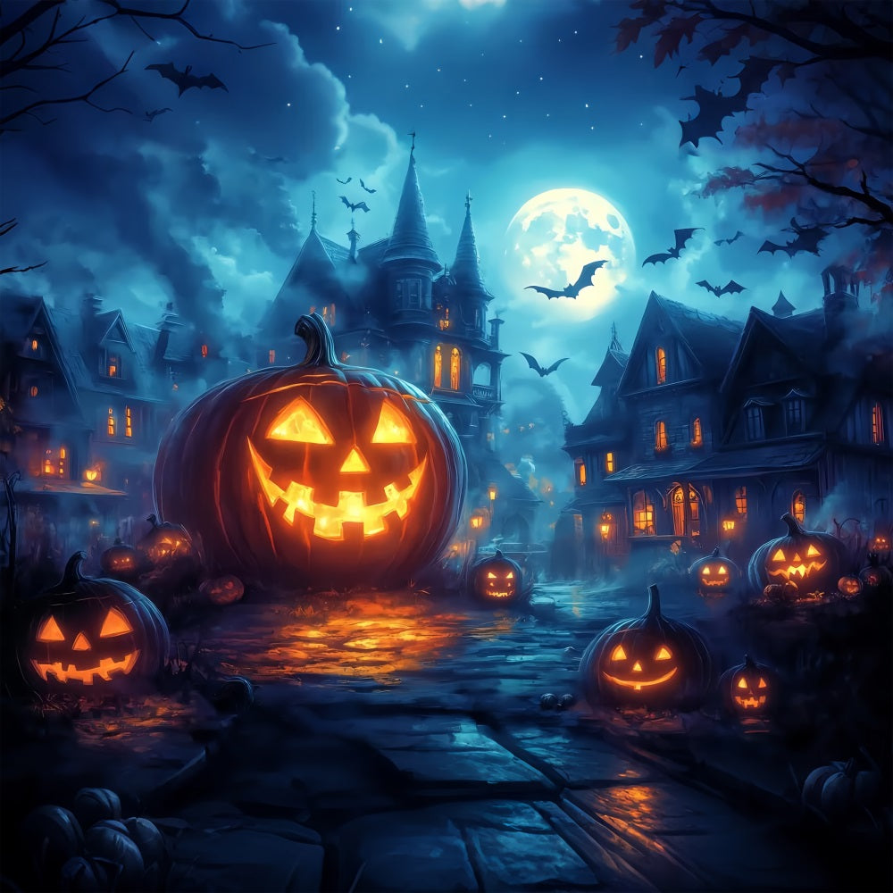 Toile Halloween Cimetière Rue Illuminée Citrouilles Sous Pleine Lune TWW58-45