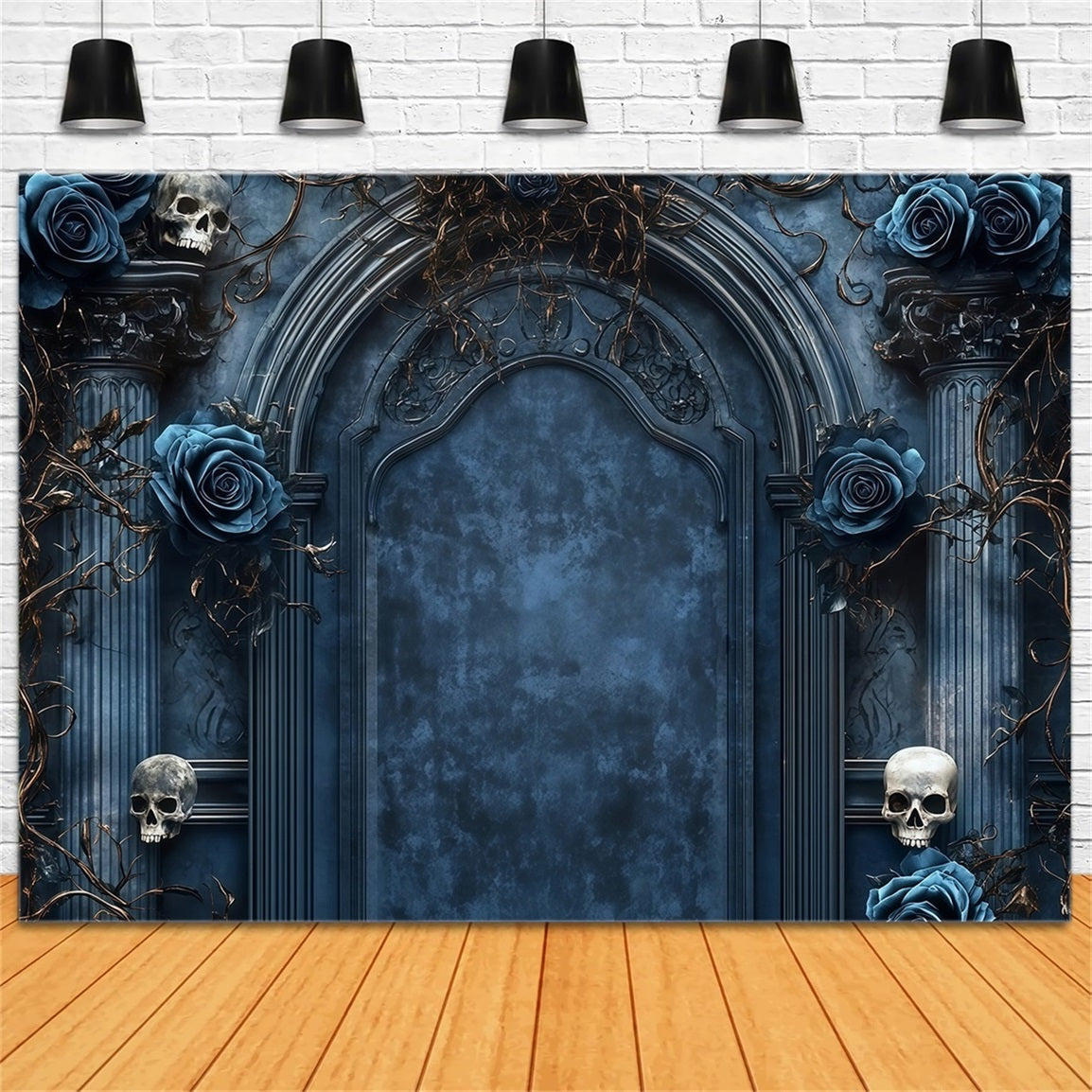 Fond Studio Halloween Porte Gothique Roses Bleues Et Crânes Effrayants TWW58-46