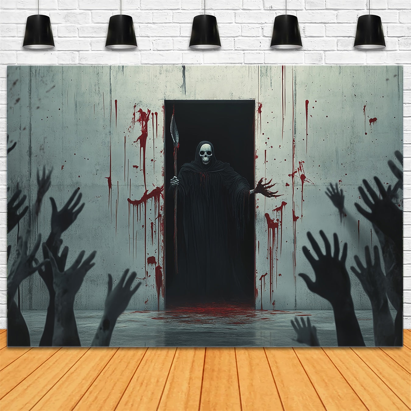 Toile De Fond Photo Halloween Mur Taché De Sang Avec Faucheuse Effrayante TWW58-47