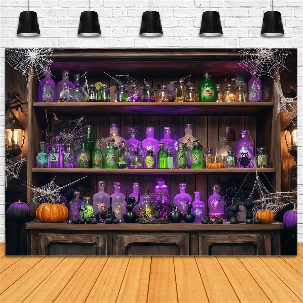 Fond De Photo Halloween Mur Bouteilles De Potions Et Toiles D’Araignées Étagère Bois TWW58-48