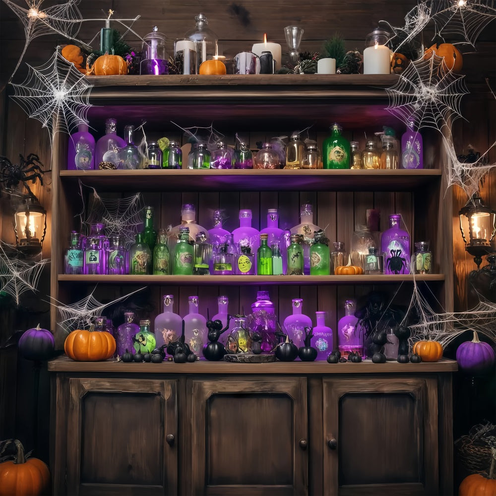 Fond De Photo Halloween Mur Bouteilles De Potions Et Toiles D’Araignées Étagère Bois TWW58-48