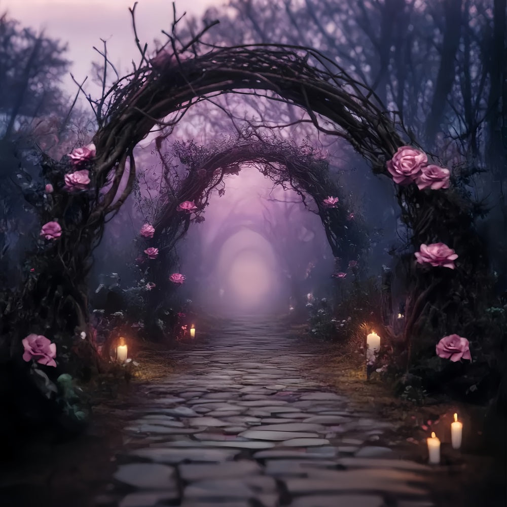 Toile De Fond Photo Halloween Allée De Roses Illuminées Aux Bougies Enchantées TWW58-5