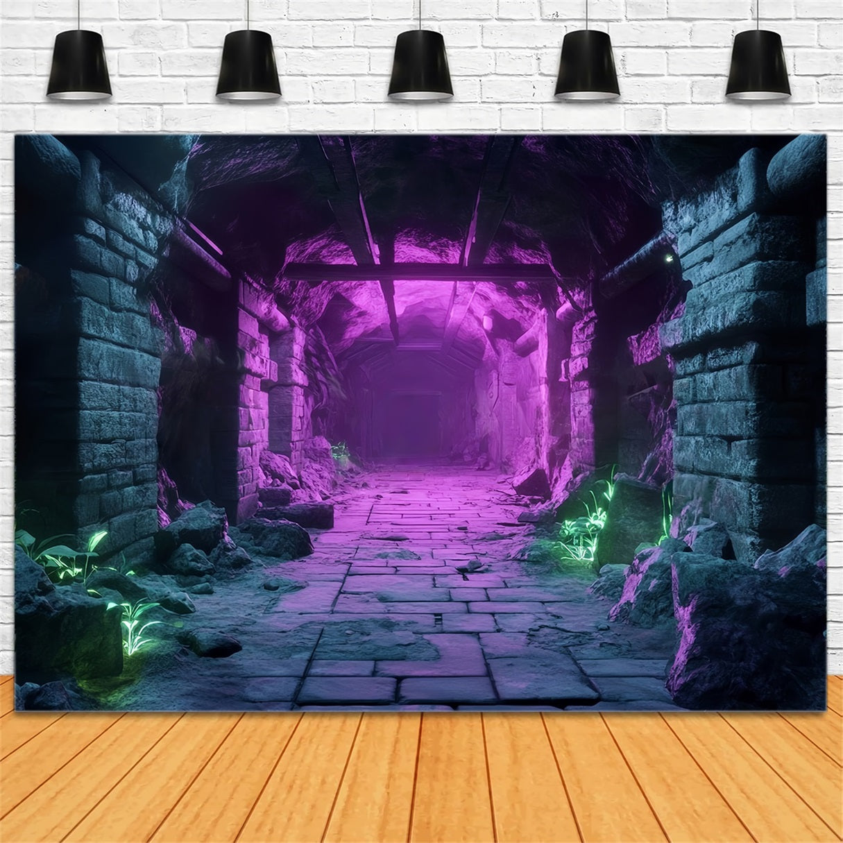 Toile De Fond Halloween Tunnel Ancien En Pierre Avec Lumières Néon TWW58-51