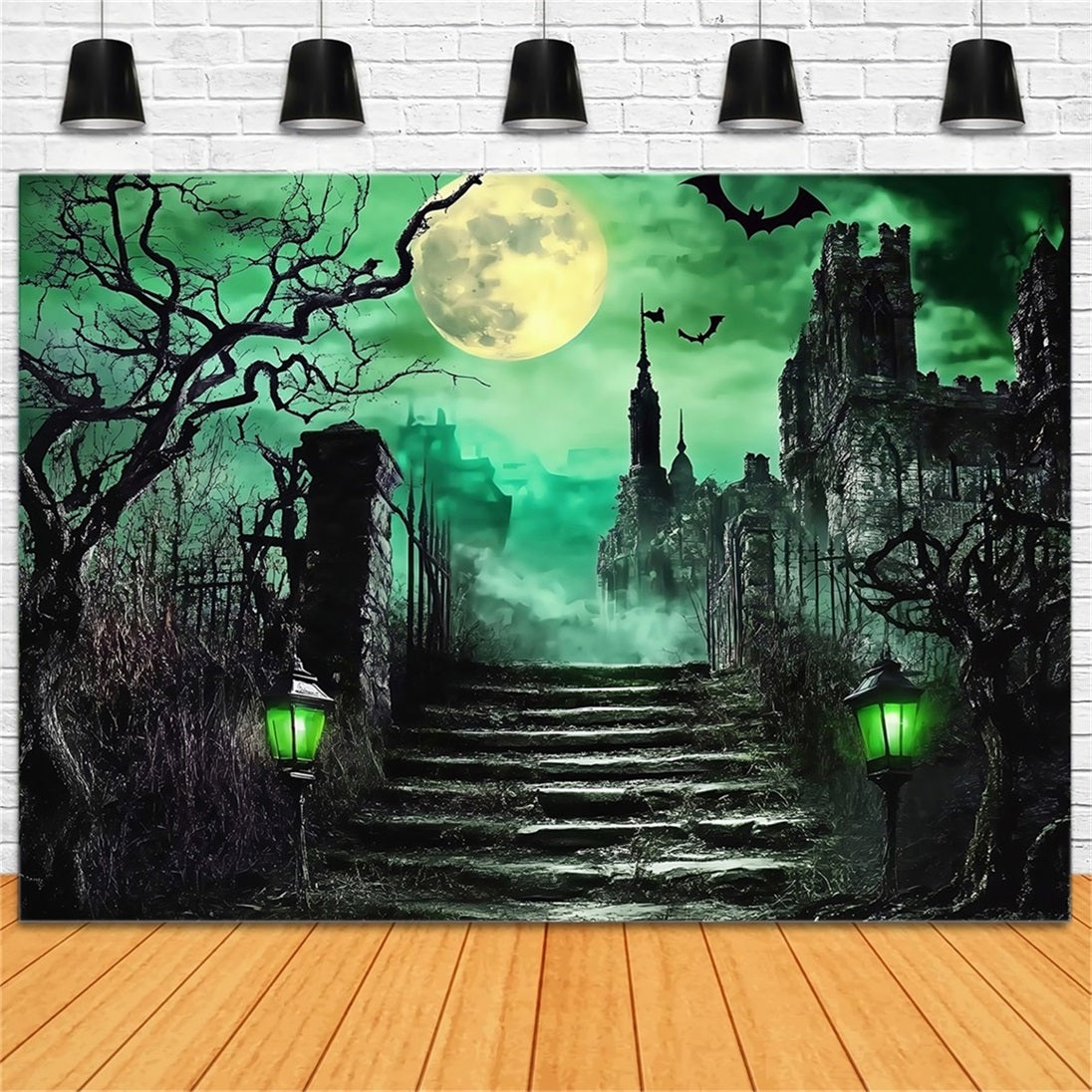 Toile Halloween Cimetière Escalier Château Hanté Sous Lune Verte TWW58-52