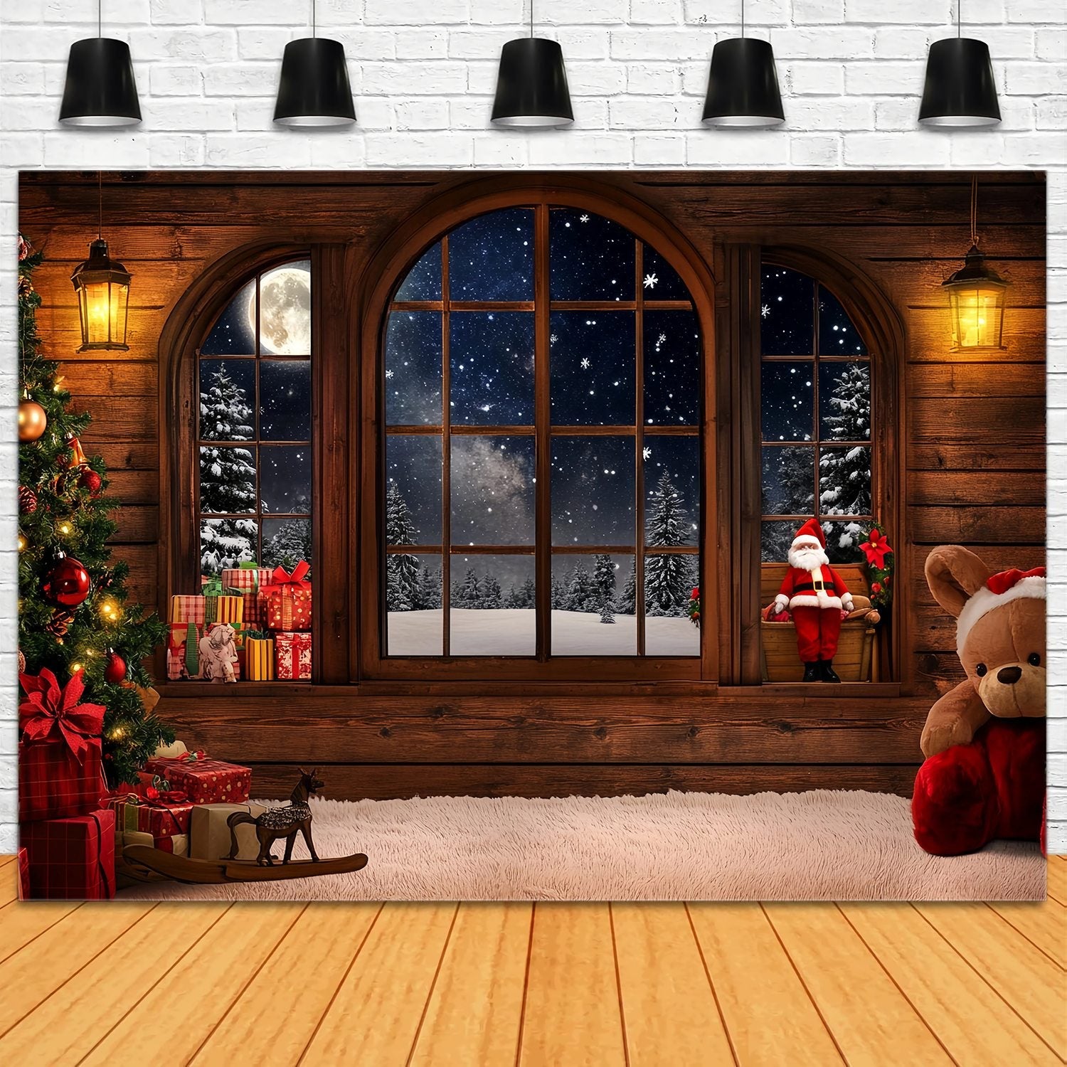 Toile de fond Noël Père Noël Cabane Chaleureuse Fenêtre et Cadeaux TWW58-53