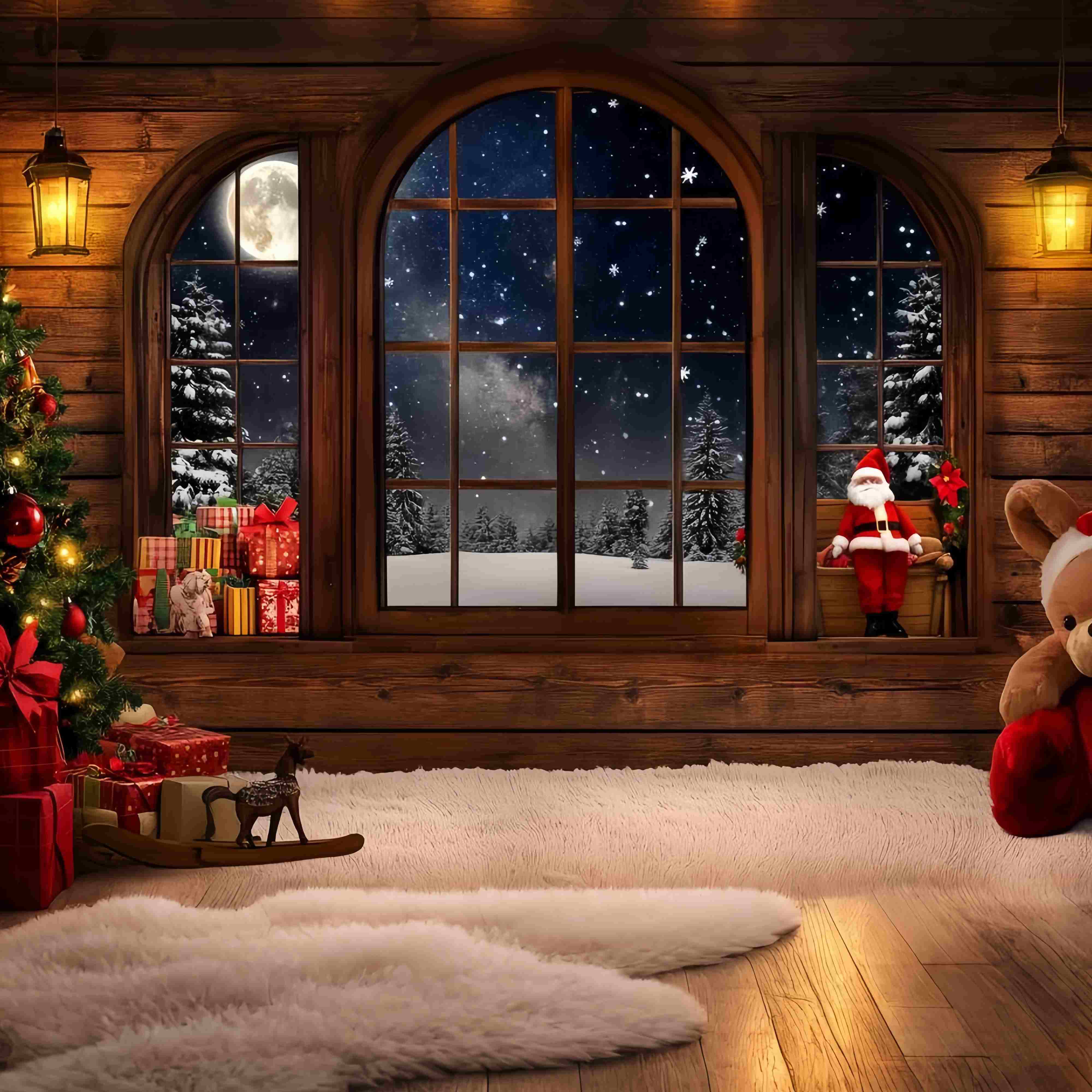 Toile de fond Noël Père Noël Cabane Chaleureuse Fenêtre et Cadeaux TWW58-53