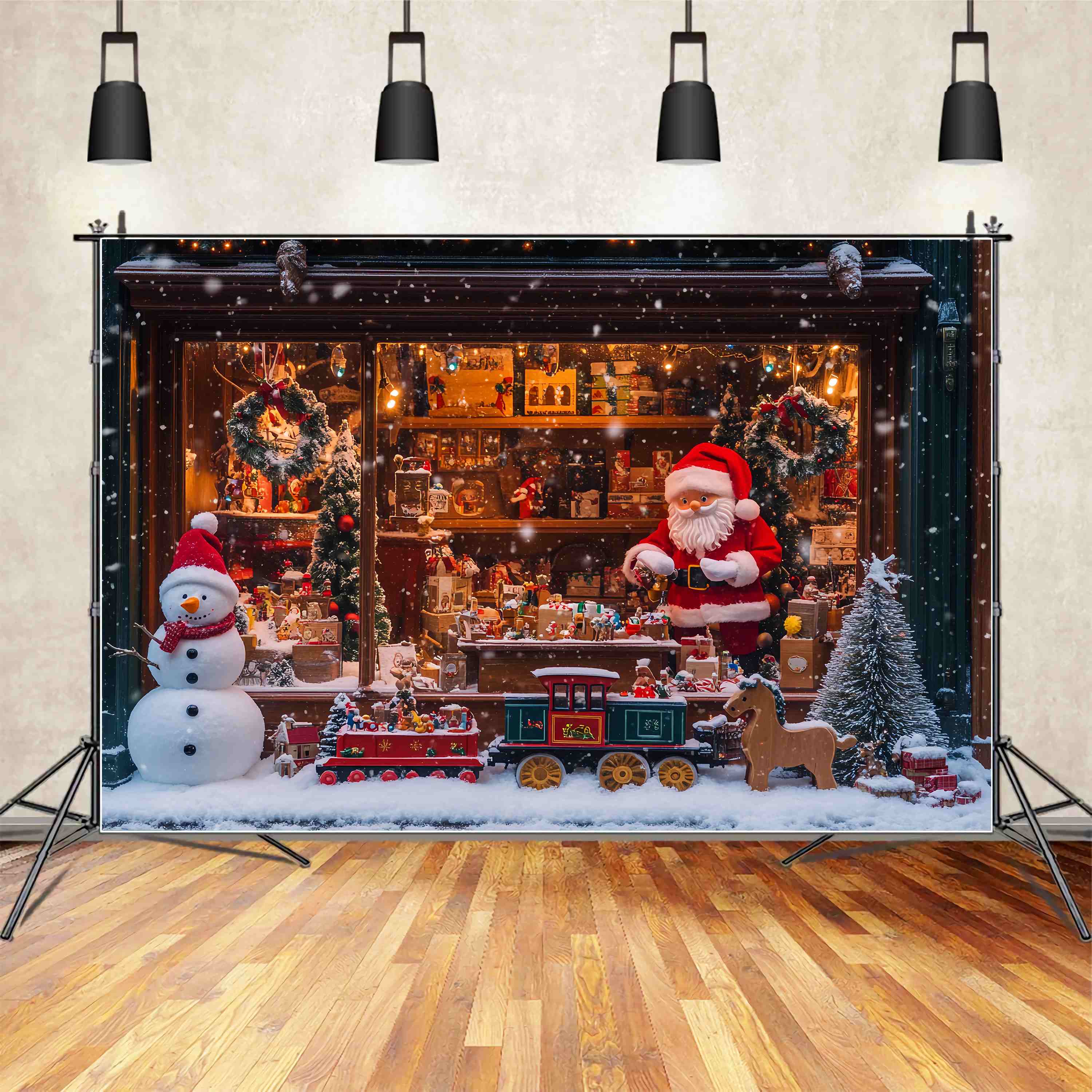 Toile de fond photo Noël Atelier du Père Noël Boutique de Jouets Enneigée Train TWW58-55